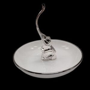 Elephant Ring Trinket Dish White Silver Tone Contemporary Minimalist Glam